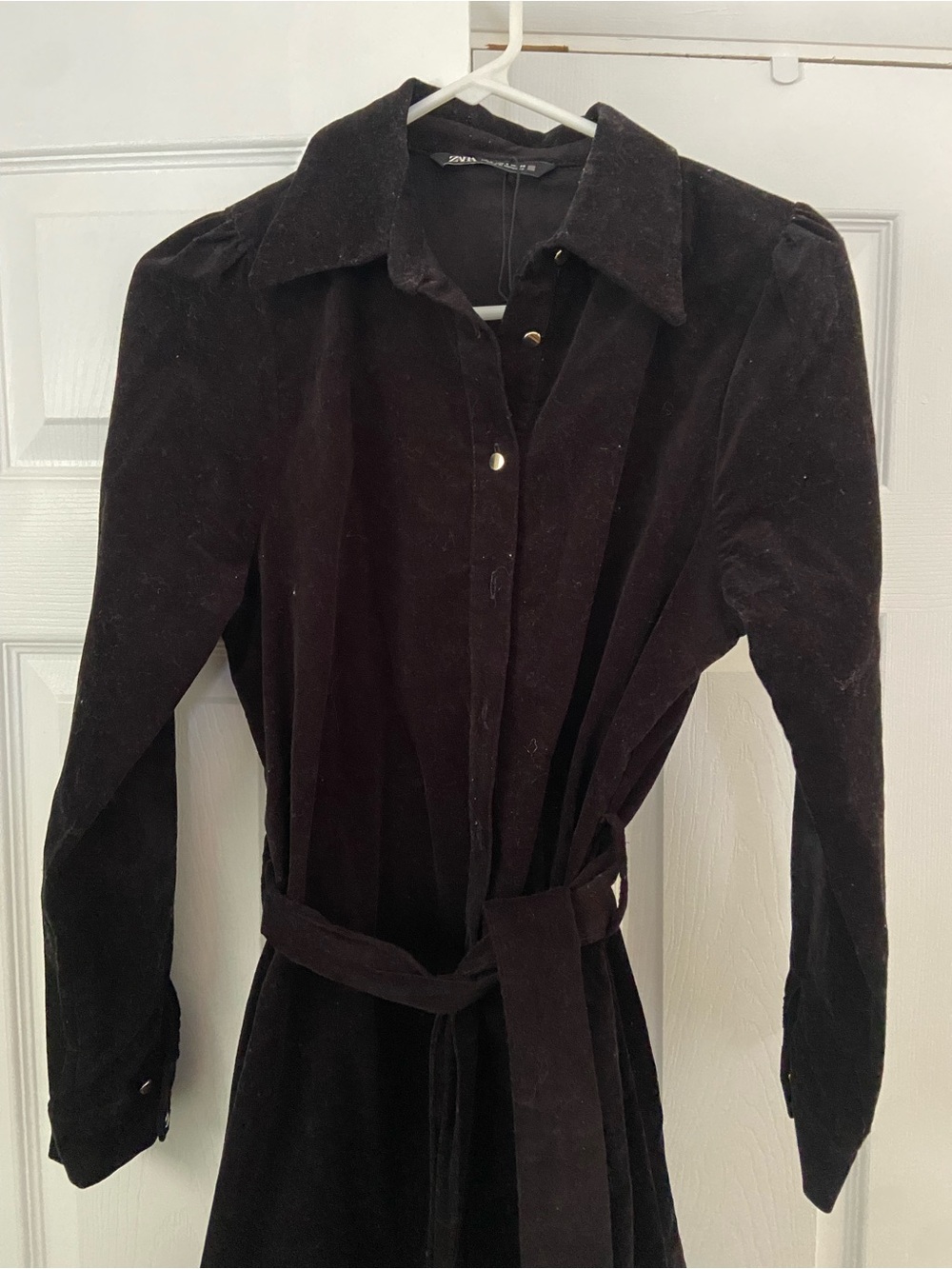 Zara Black Velvet Long-Sleeve Belted Shirt Dress